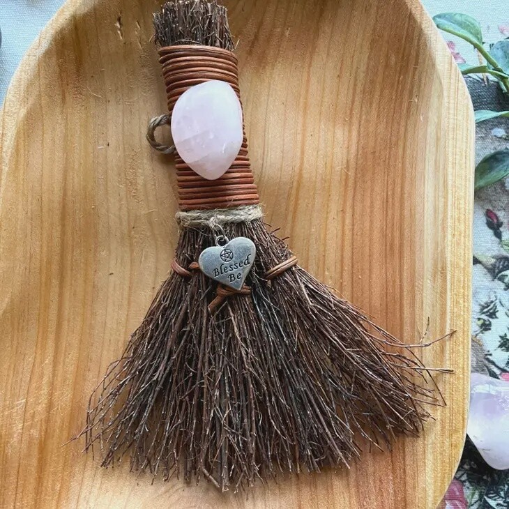 Blessed Be Witch&#39;s Besom, Witch Broom Rose Quartz