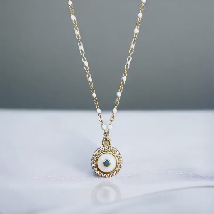 Evil Eye Enamel Necklace - White