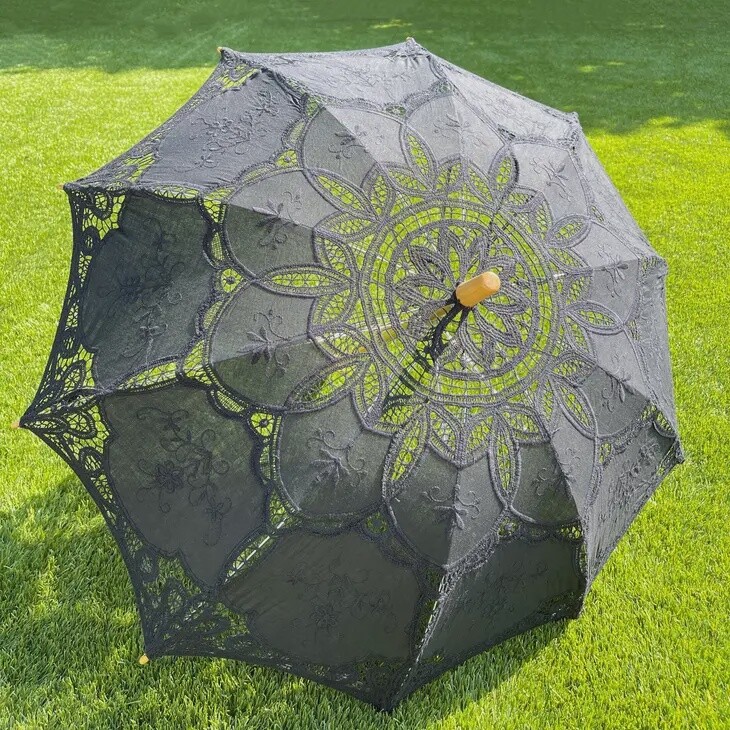 Cotton Victorian Lace and Fabric Parasol/Umbrella- Black