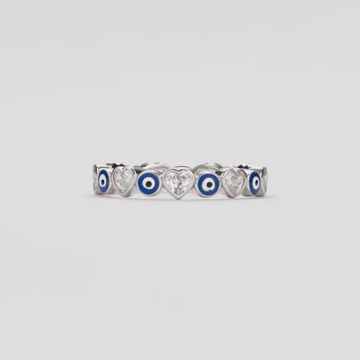 Turkish Evil Eye Heart Eternity Ring in 925 Sterling Silver