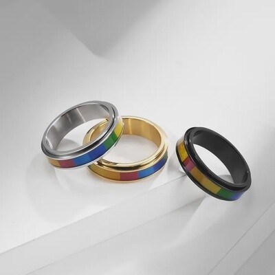 Rainbow LGBTQ Pride Fidget Spinner Ring in Stainless Steel (Black)