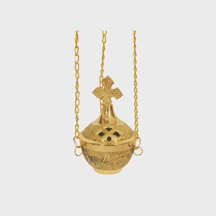 Cross Carved Hanging Brass Censer Burner 4&quot;