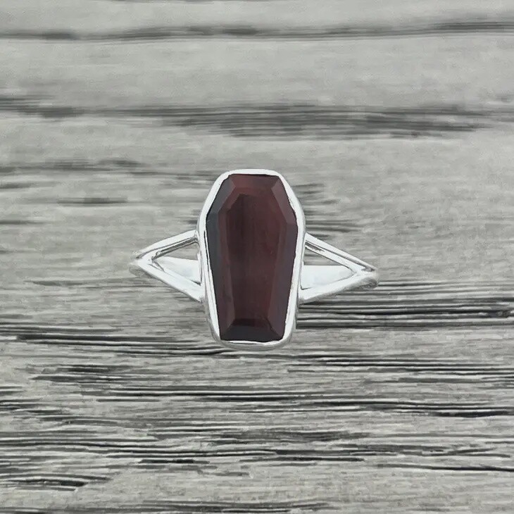 Red Tiger Eye Sterling Silver Coffin Ring