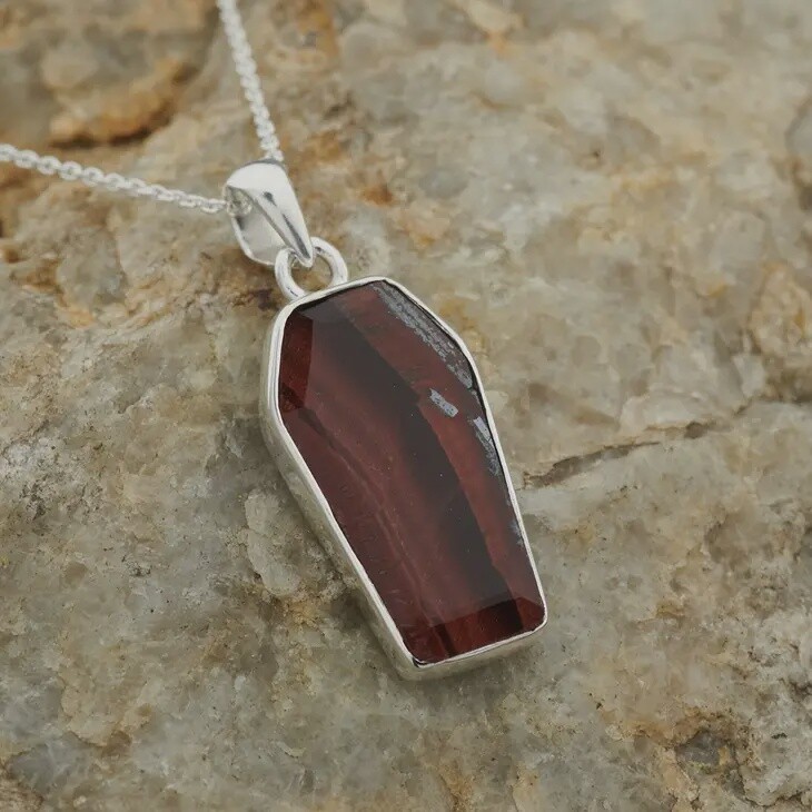 Red Tiger Eye Sterling Silver Coffin Pendant