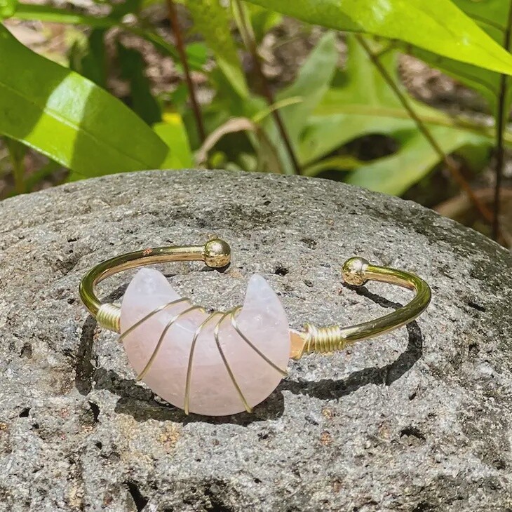 Rose Quartz Moon Gemstone Gold Bangle Cuff Bracelet