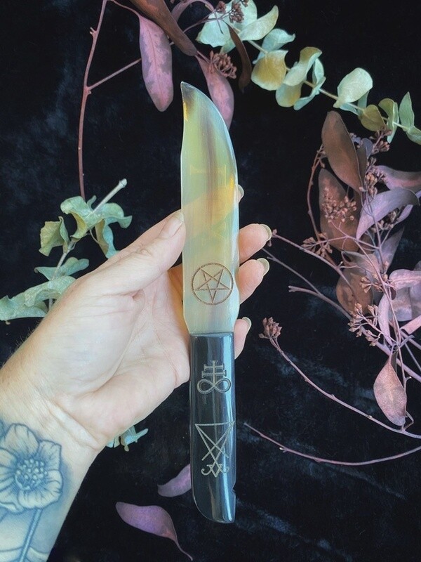 Etched Bone Ritual Knife and Athame Lucifer Sigil