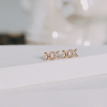 Triple Goddess Moon Stud Earrings: Minimal &amp; Modern Mystic
