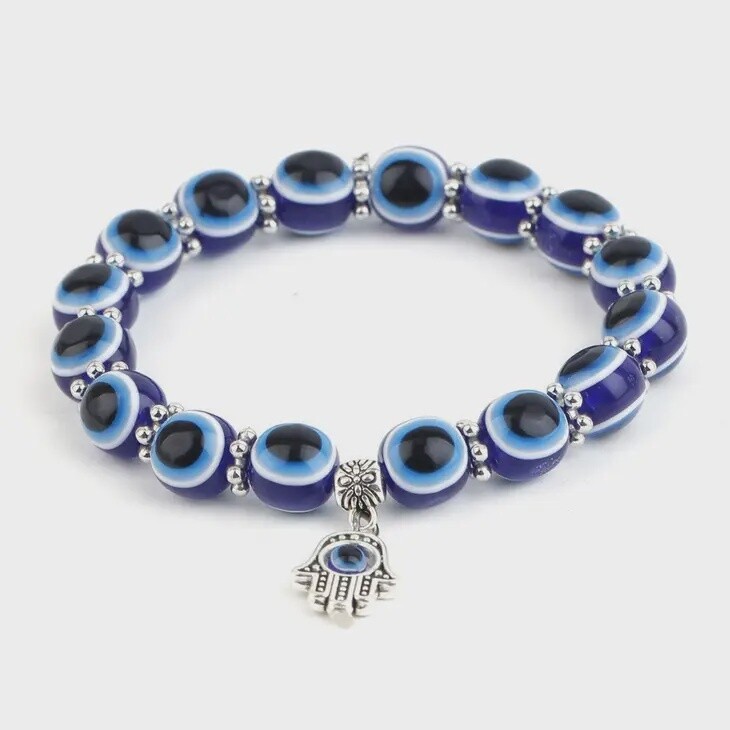 Turkish Blue Evil Eye Beaded Bracelet in Solid Copper, Resin
