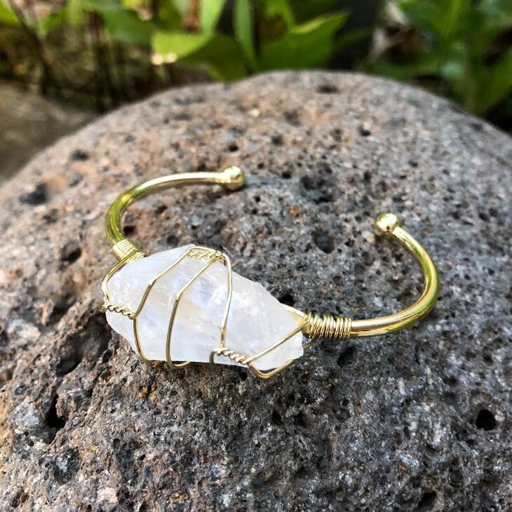 Clear Crystal Quartz Rough Gemstone Gold Bangle Cuff Bracelet ~ &quot;Spiritual Awareness, Clarity, &amp; Power&quot;