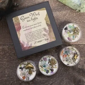 Green Witch Tea Light Candle Set • Crystal &amp; Herb Candles