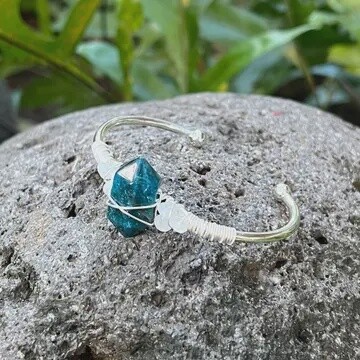 Blue Apatite Silver Bangle Cuff Bracelet "Aura Clearing"