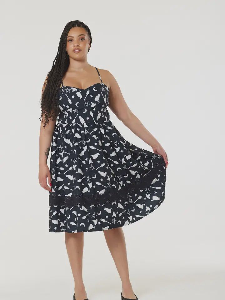 Fit&amp;Flare Witch Print Dress With Lace Hem