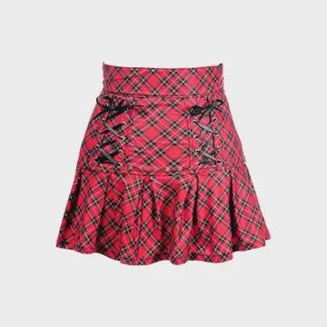 Red Plaid Lace-Up Stretch Lycra Skirt