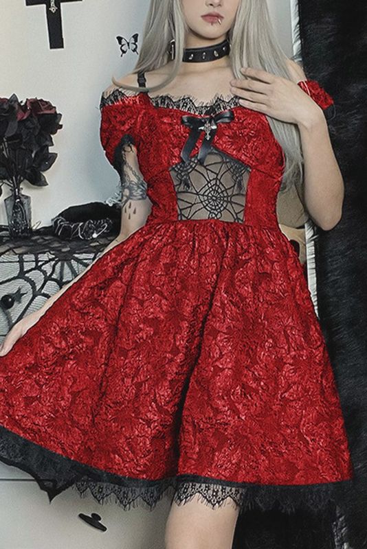 Goth Style Lace Spaghetti Dress - Red