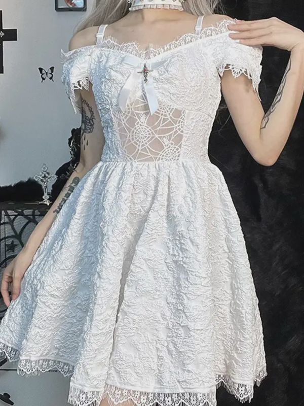 Goth Style Lace Spaghetti Dress - White