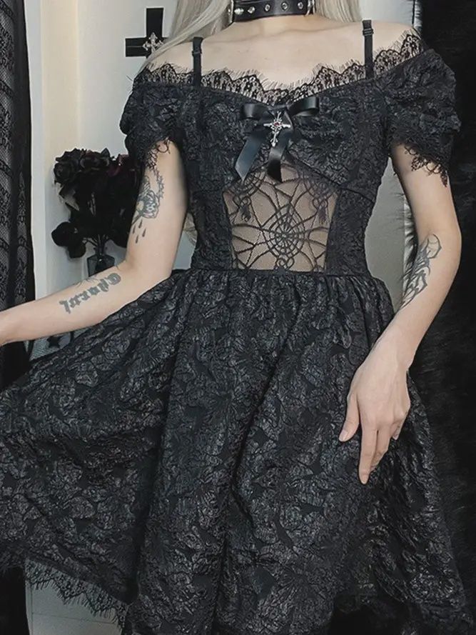 Goth Style Lace Spaghetti Dress - Black