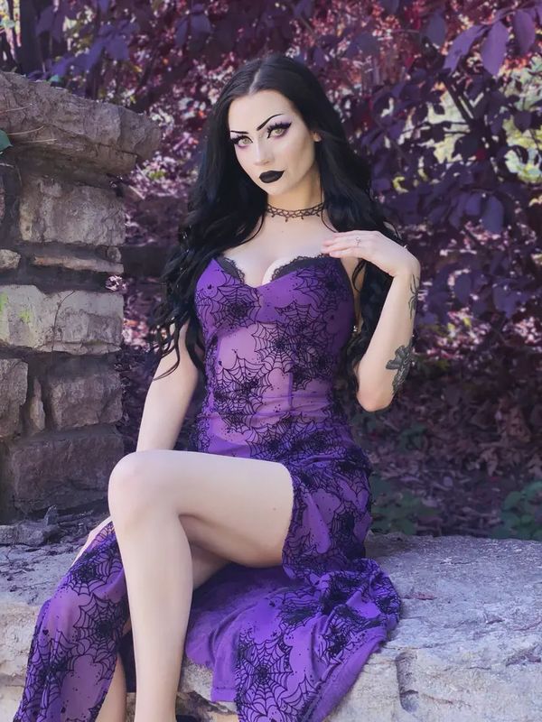 Lily Slip Dress in Purple Mesh Flocked Spiderweb