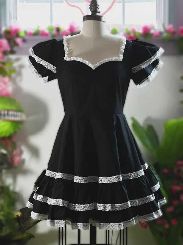 Adelaide Mini Swing Dress in Black W/White Lace