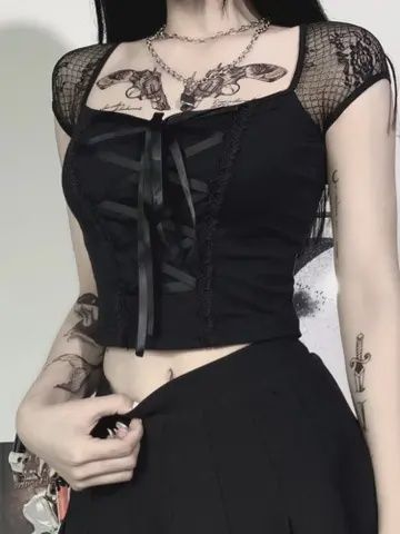 Bandage Lace Black T-Shirts Gothic Streetwear Sexy Female Top Casual Mesh Tee