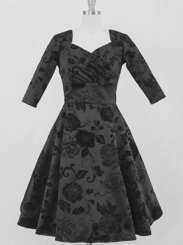 Black Roses 1940s Vintage Inspired Circle Dress w/ Pockets