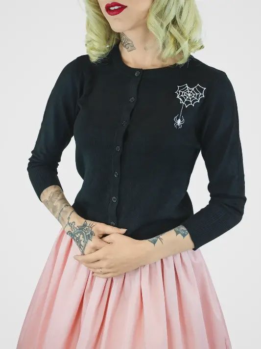 Embroidered Webbed Heart Black Knit Cardigan
