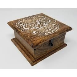 Sugar Skull Carved Wooden Box 6x6