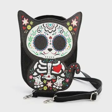 Gothy Crossbody Bags, Name: Floral Sugar Skull Cat Crossbody Bag