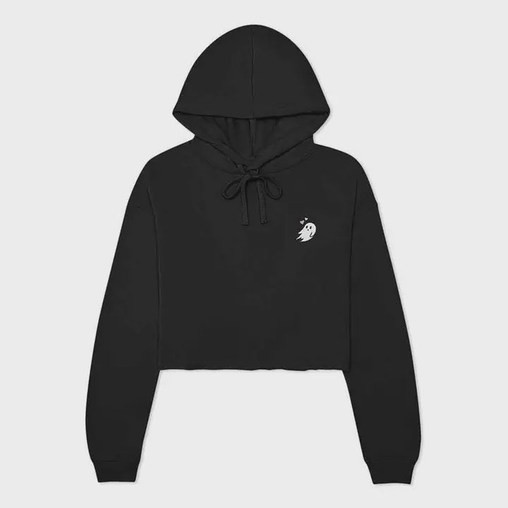 Heartly Ghost Cropped Hoodie - Black