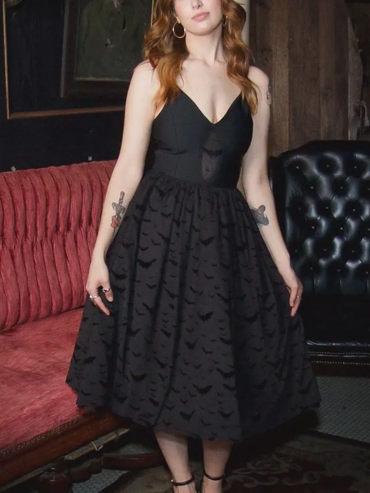 Bram - Velvet Flocked Bat Bandage Fit and Flare Dress