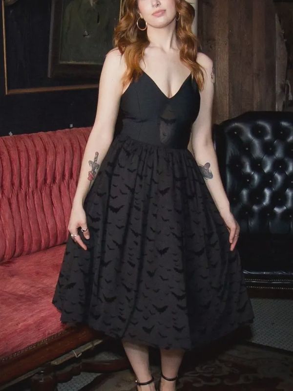 Bram - Velvet Flocked Bat Bandage Fit and Flare Dress