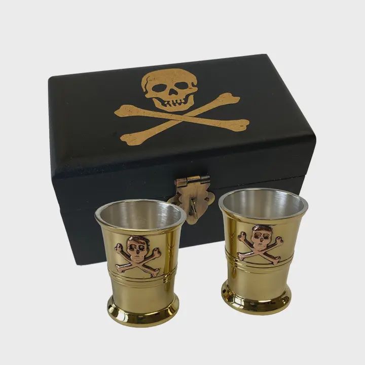 Pirate Jolly Roger Flag Wood Box w/ Pair of Shot Cups