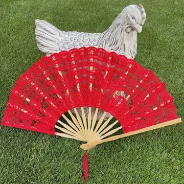 Handheld Battenberg Lace Fans, Colour: Red Lace Fan