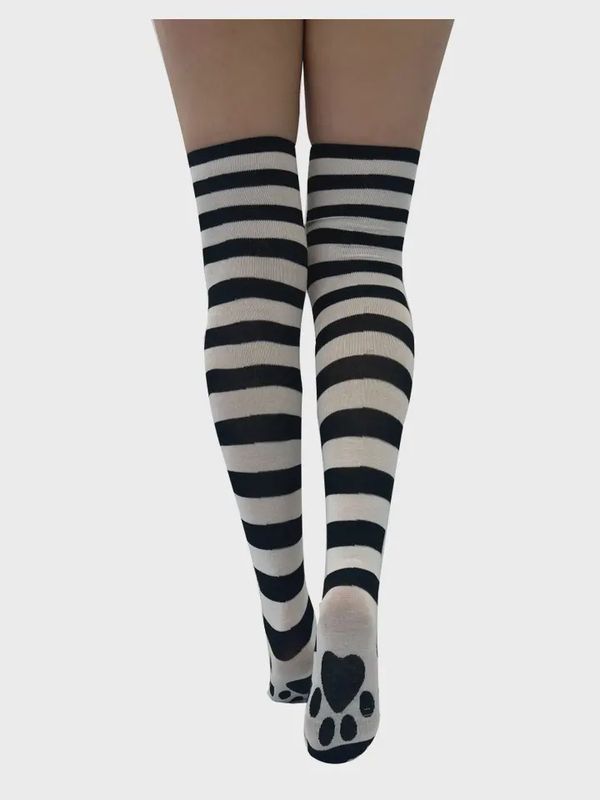 Over Knee Striped Socks with Paw Print