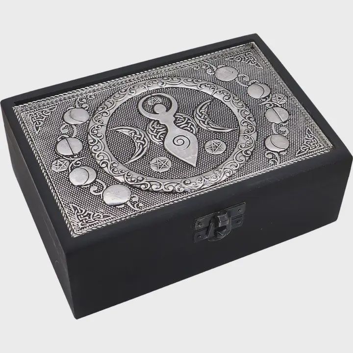 Velvet Lined Metal Top Wooden Box Triple Moon Goddess