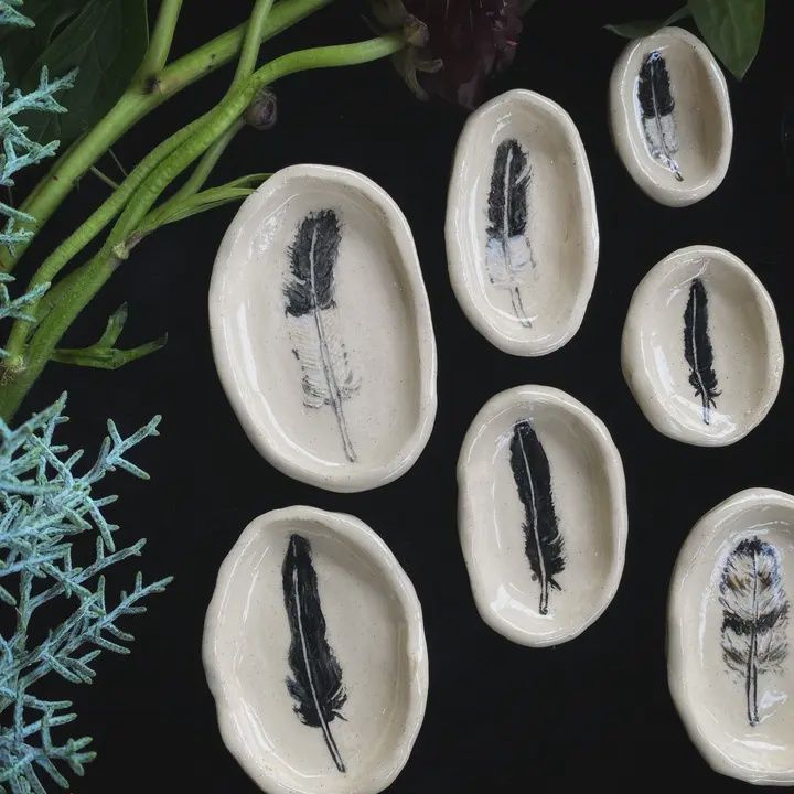 Multi-Color Sgraffito Feather Ceramic Ritual Dish