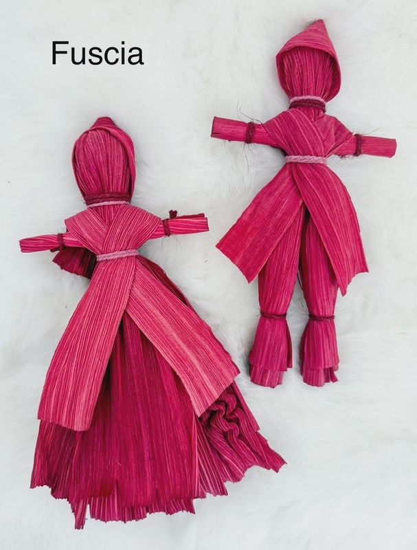 Corn Husk Doll / Dyed Folk Poppet with Smock and Hood | Fuscia / Dress