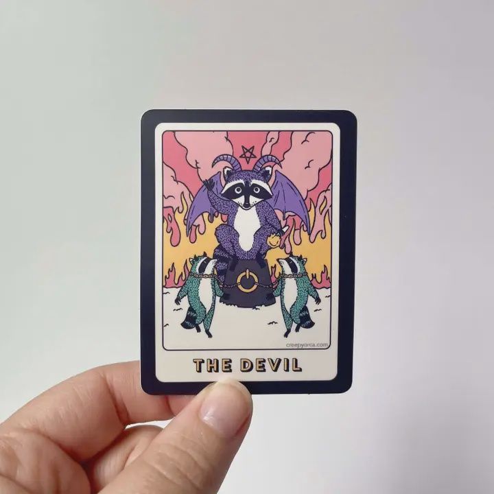 The Devil Tarot Raccoon Die Cut Sticker