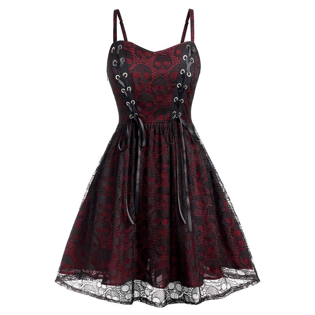 Women Vintage Gothic Lace Skull Print Strap Sling Dress, Color: Red, Size: M