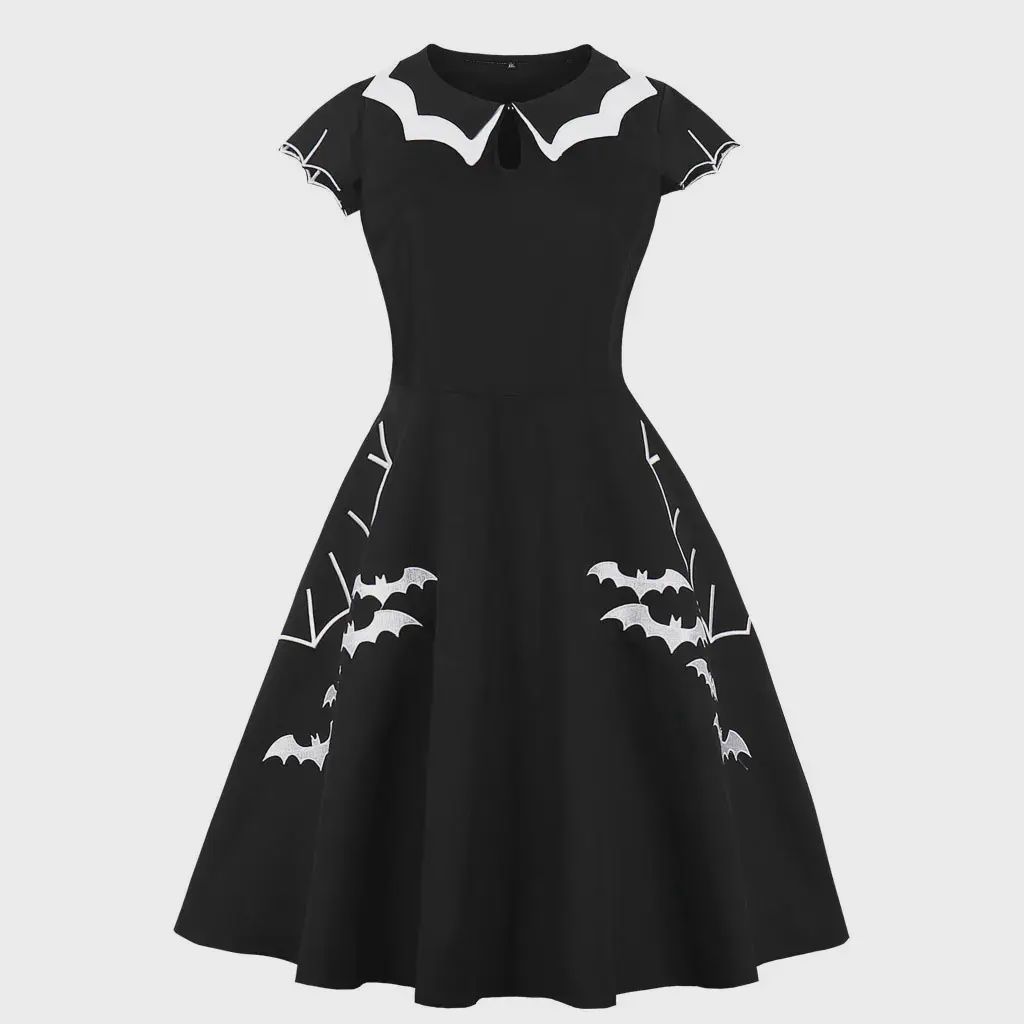Women Gothic Bat Embroidered Dress, Color: Black, Size: 1XL