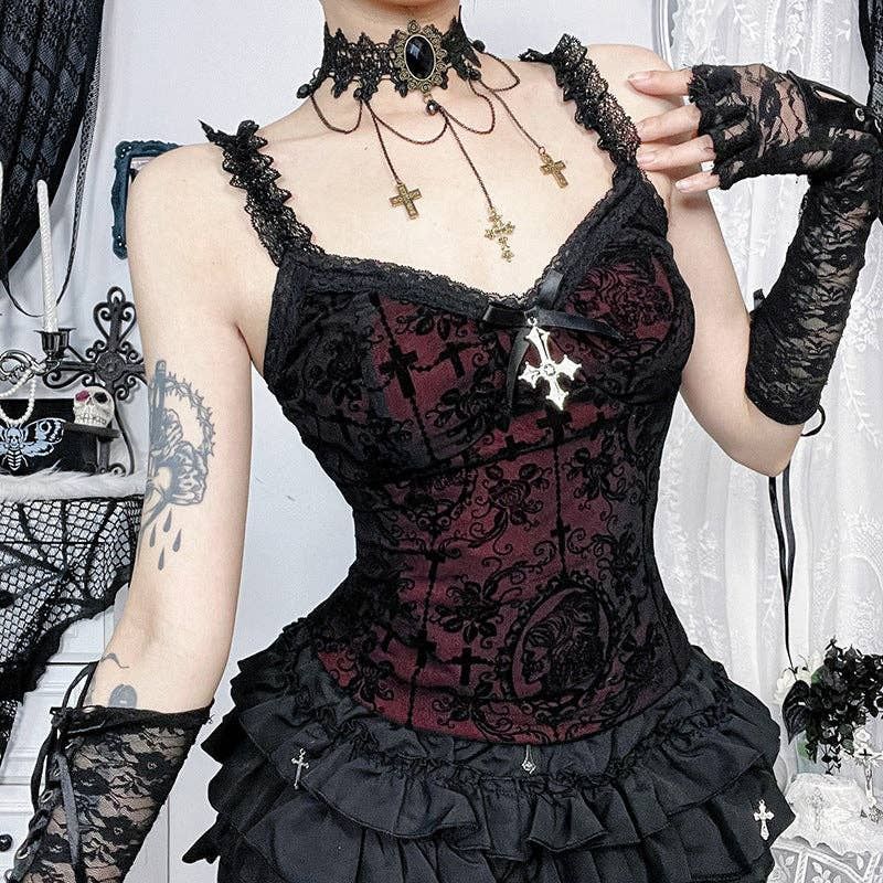 Women Dark Gothic Sexy Lace Sling Top, Color: Black, Size: S