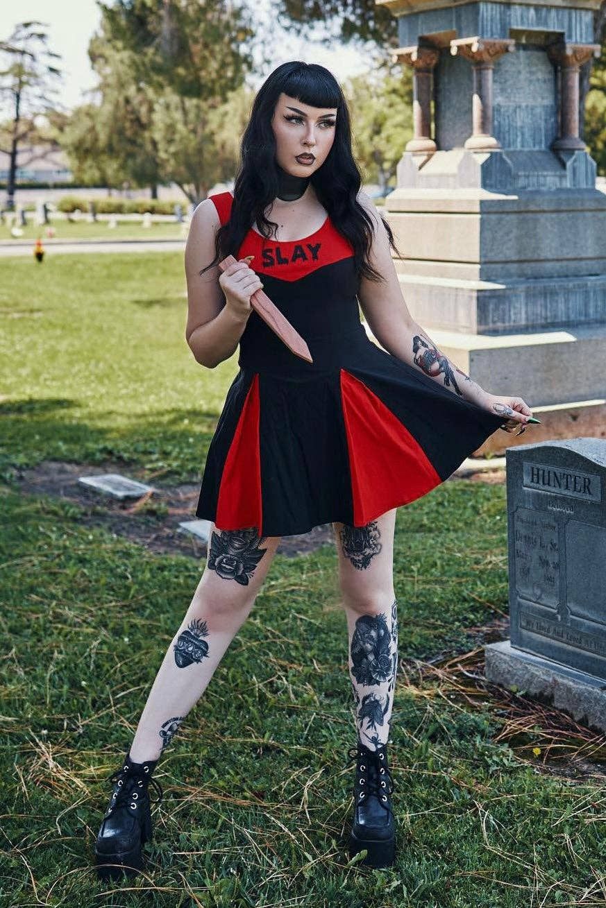 Slay Squad Sleeveless Dress - Black Bengaline Cheer-Inspired Dress with “Slay” Graphic (Sunnydale Edition)