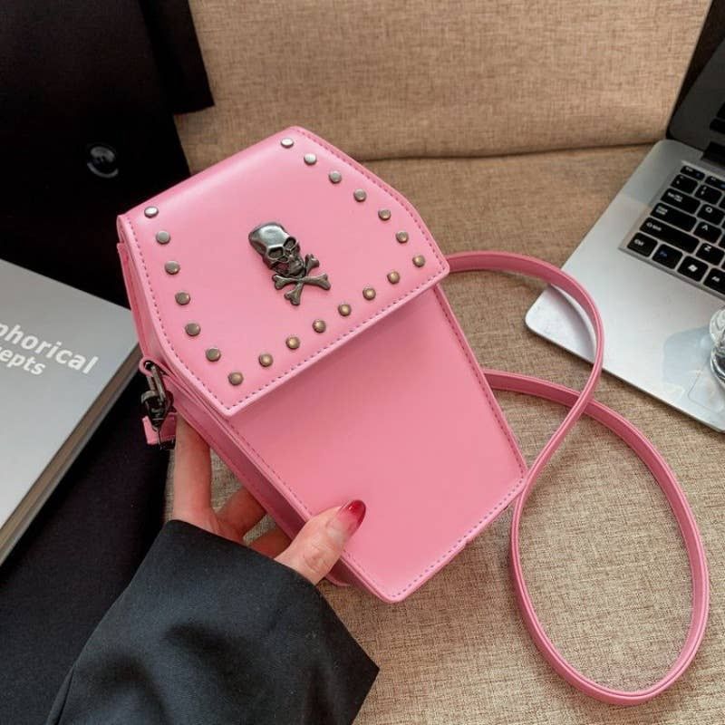Gothic Vintage Cross Studded Crossbody Bag, Color: Skull Pink, Size: Free Size