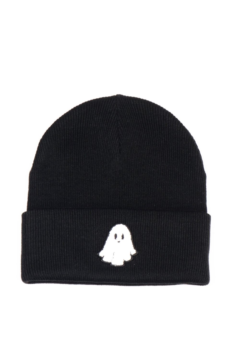 Halloween Knit Beanie with GHOST Chenille Patch, Color: Black