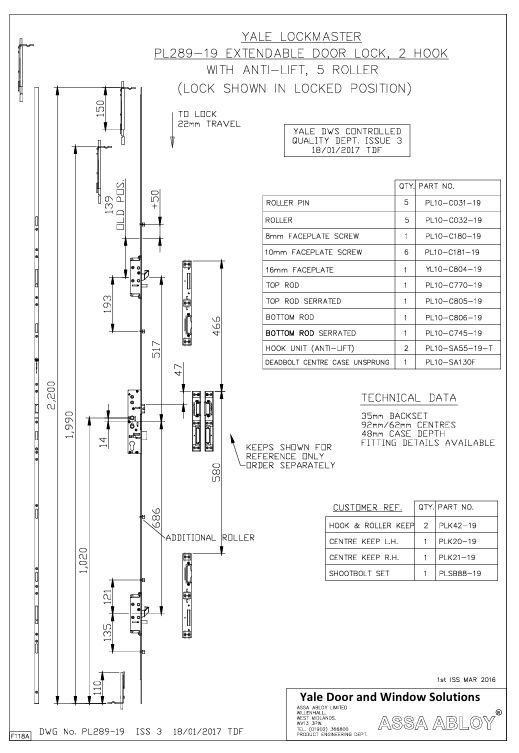 Yale / Lockmaster 5 Roller 2 Hook &amp; Anti-Lift Pins PL289-19