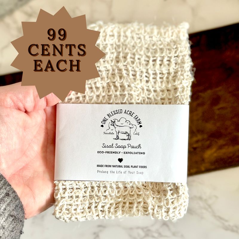Natural sisal soap bag with drawstring, used to gently exfoliate skin and extend the life of bar soap