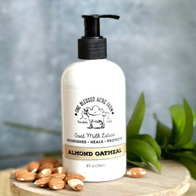 Almond Oatmeal Goat Milk Lotion Hand Cream Body Lotion Bottle of almond oatmeal goat milk lotion formulated to moisturize dry, sensitive skin