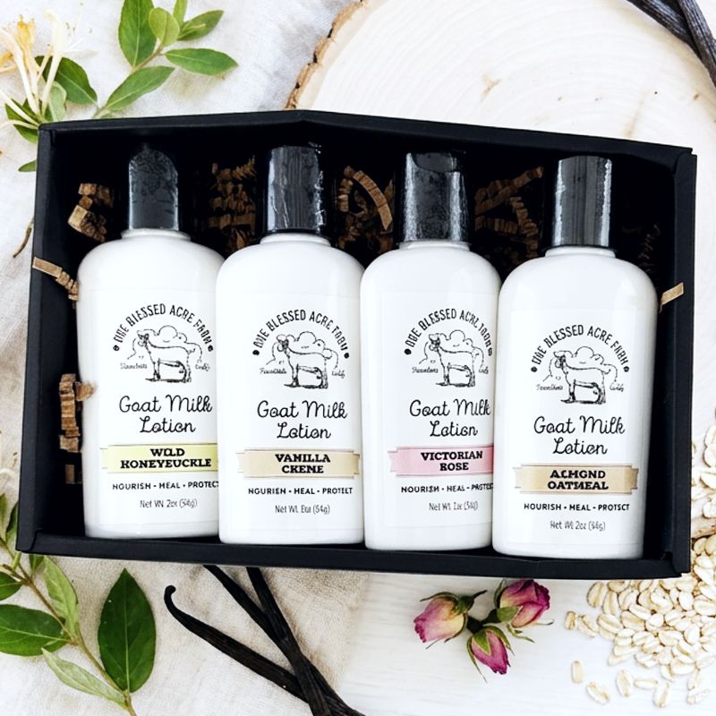 Goat Milk Lotion Gift Set of 4 Lotion Sampler Set Ready to give gift. Handcrafted set of 4 goat milk lotions in 2 ounce bottles