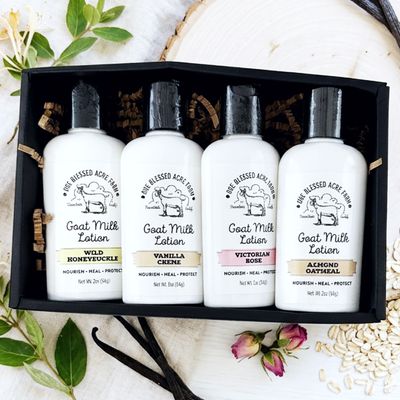 Ready to give gift.  Handcrafted set of 4 goat milk lotions in 2 ounce bottles