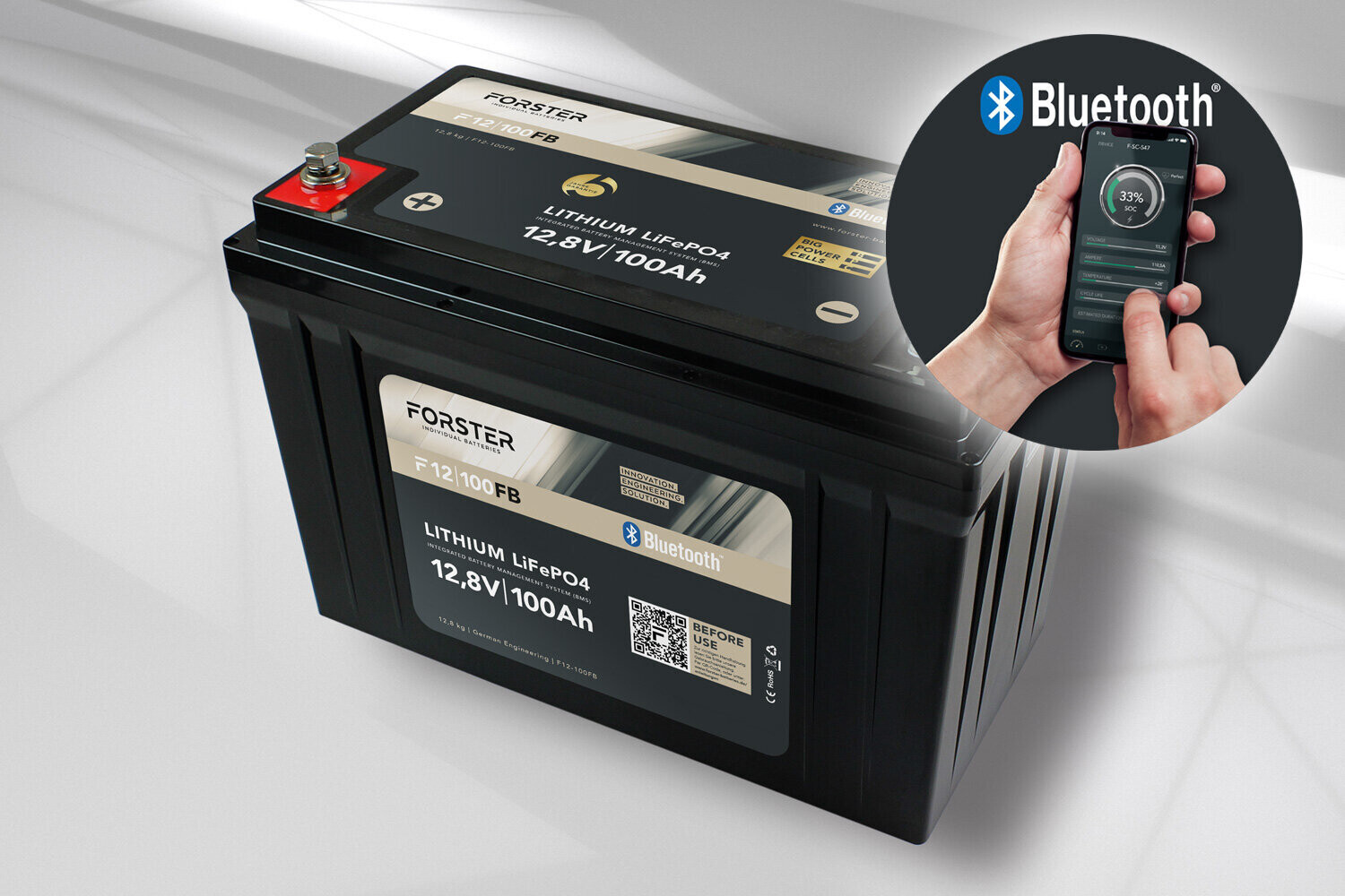 100Ah | 12,8V | FORSTER Lithium Fishing Batterie | integriertes BMSBMS | 12,8kg
