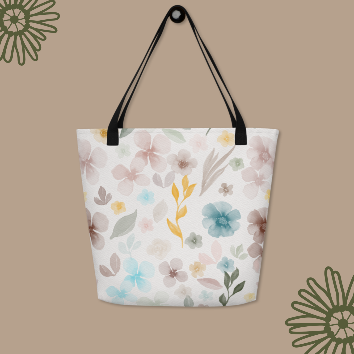 Boho Watercolor Florals All-Over Print Large Tote Bag